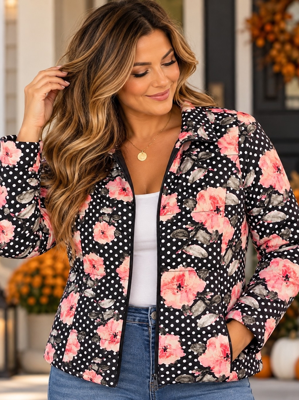 Chico’s Size 0 Small Floral Polka Dot Quilted Zip Jacket